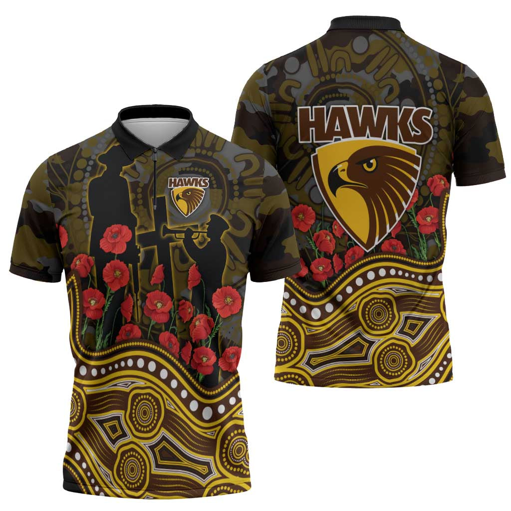 Hawthorn Hawks ANZAC Day Zipper Polo Shirt Indigenous Dot Art with Poppy Flower Tribute