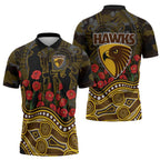 Hawthorn Hawks ANZAC Day Zipper Polo Shirt Indigenous Dot Art with Poppy Flower Tribute