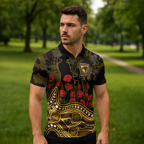 Hawthorn Hawks ANZAC Day Zipper Polo Shirt Indigenous Dot Art with Poppy Flower Tribute