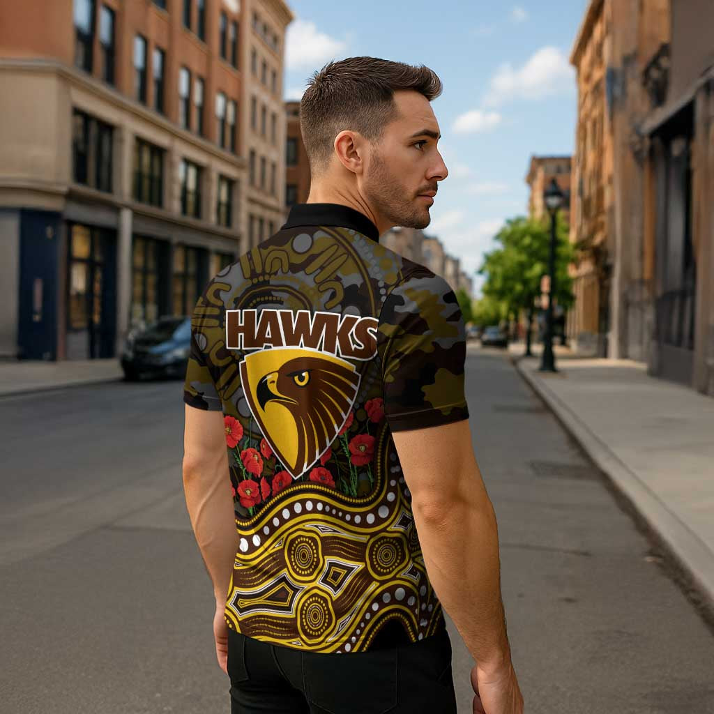 Hawthorn Hawks ANZAC Day Zipper Polo Shirt Indigenous Dot Art with Poppy Flower Tribute