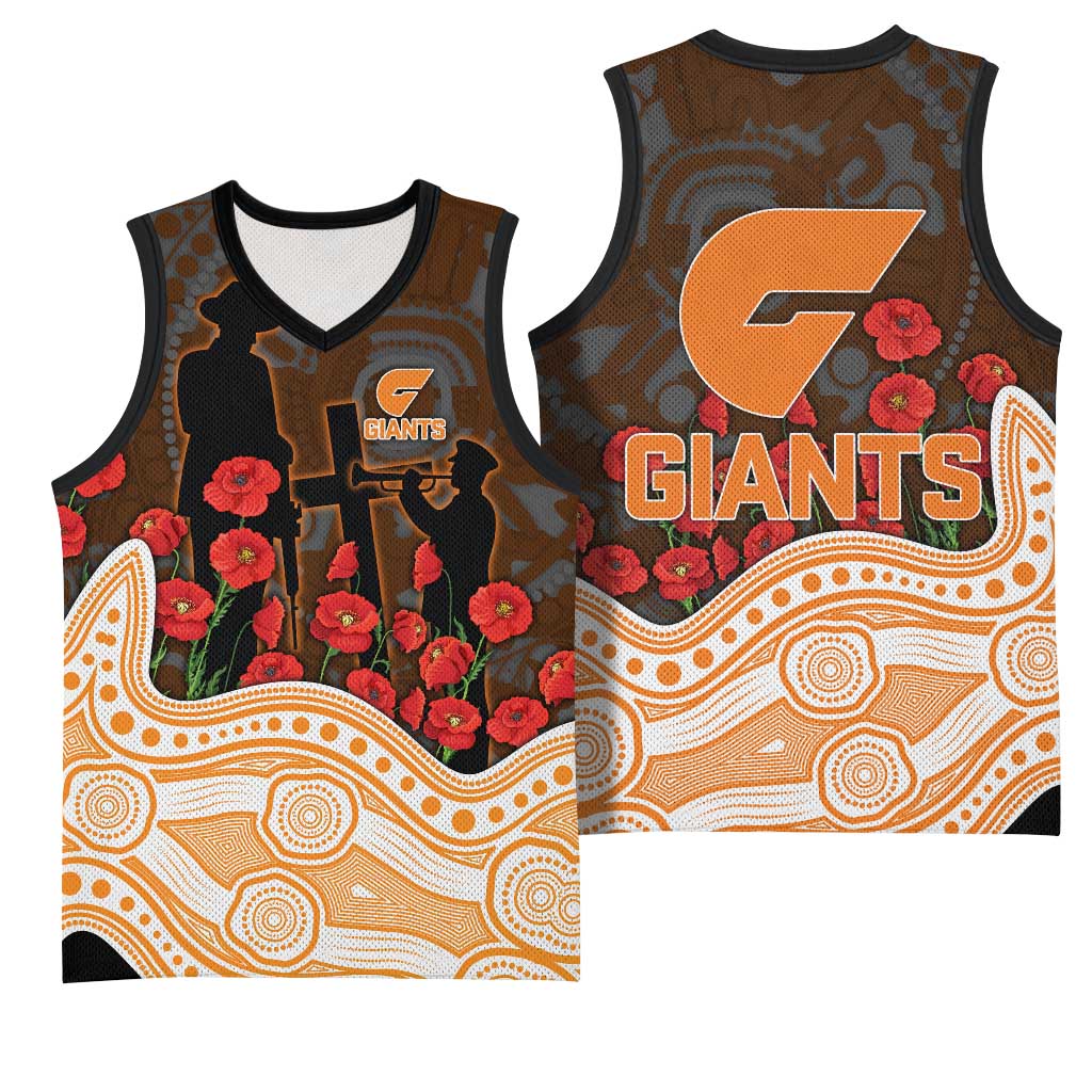 GWS Giants ANZAC Day Basketball Jersey Indigenous Dot Art with Poppy Flower Tribute