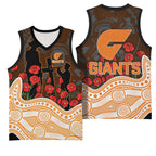GWS Giants ANZAC Day Basketball Jersey Indigenous Dot Art with Poppy Flower Tribute