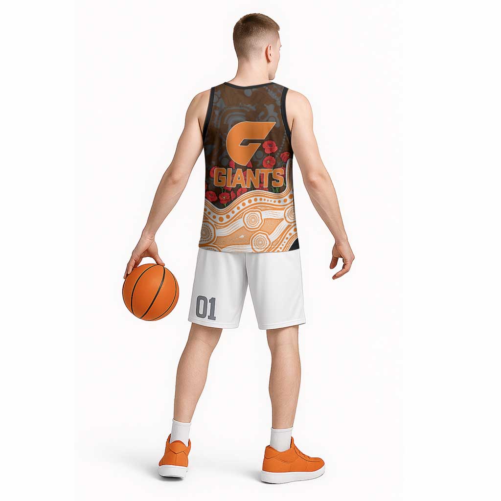 GWS Giants ANZAC Day Basketball Jersey Indigenous Dot Art with Poppy Flower Tribute