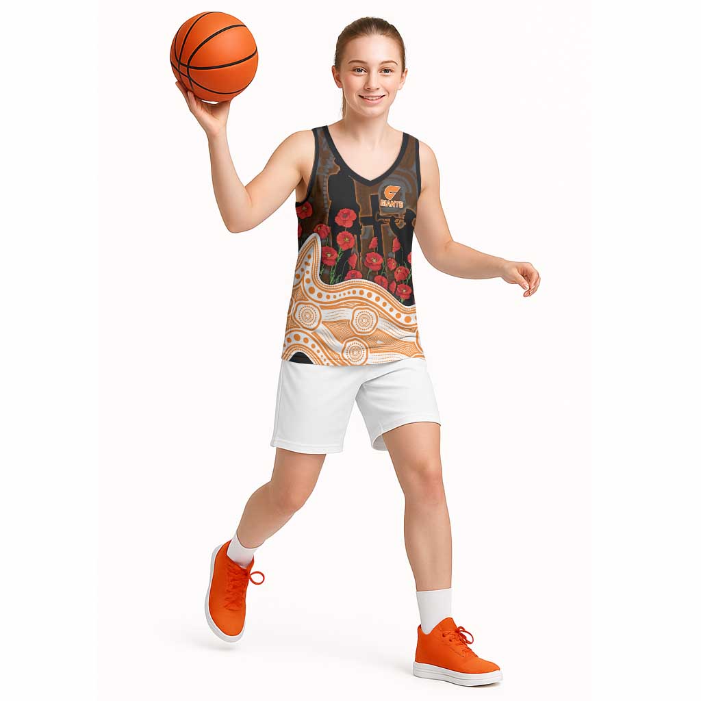 GWS Giants ANZAC Day Basketball Jersey Indigenous Dot Art with Poppy Flower Tribute