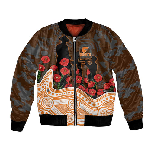 GWS Giants ANZAC Day Bomber Jacket Indigenous Dot Art with Poppy Flower Tribute
