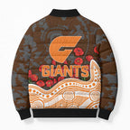 GWS Giants ANZAC Day Bomber Puffer Jacket Indigenous Dot Art with Poppy Flower Tribute