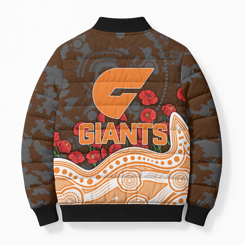 GWS Giants ANZAC Day Bomber Puffer Jacket Indigenous Dot Art with Poppy Flower Tribute