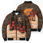 GWS Giants ANZAC Day Bomber Puffer Jacket Indigenous Dot Art with Poppy Flower Tribute