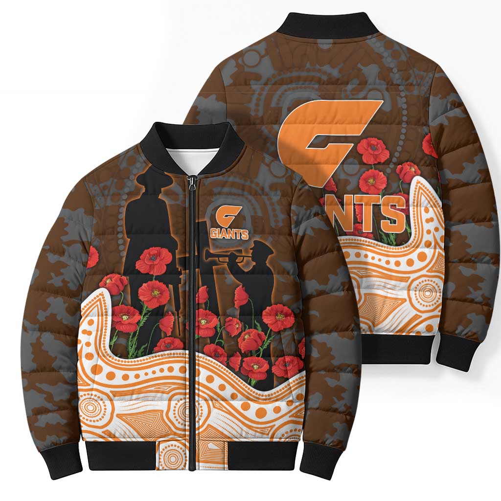 GWS Giants ANZAC Day Bomber Puffer Jacket Indigenous Dot Art with Poppy Flower Tribute