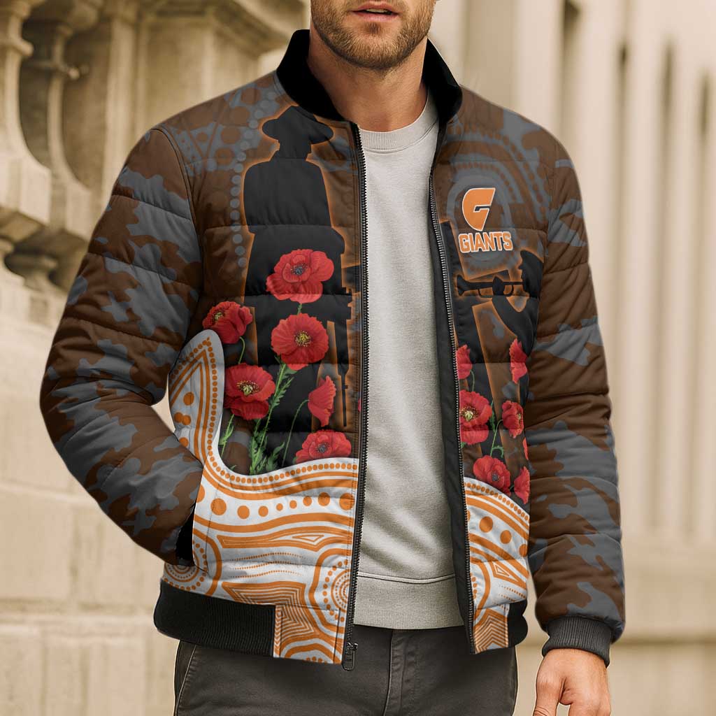 GWS Giants ANZAC Day Bomber Puffer Jacket Indigenous Dot Art with Poppy Flower Tribute