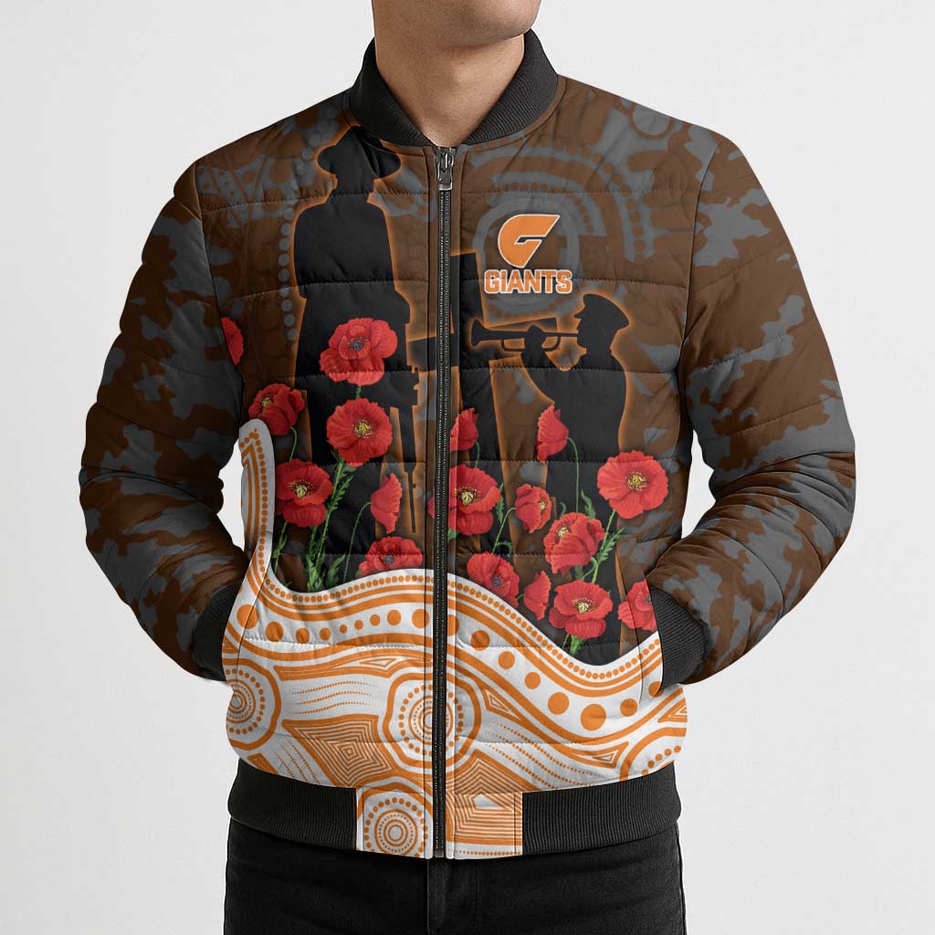 GWS Giants ANZAC Day Bomber Puffer Jacket Indigenous Dot Art with Poppy Flower Tribute