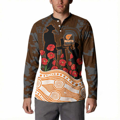 GWS Giants ANZAC Day Button Sweatshirt Indigenous Dot Art with Poppy Flower Tribute