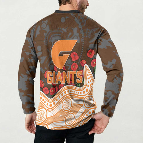 GWS Giants ANZAC Day Button Sweatshirt Indigenous Dot Art with Poppy Flower Tribute
