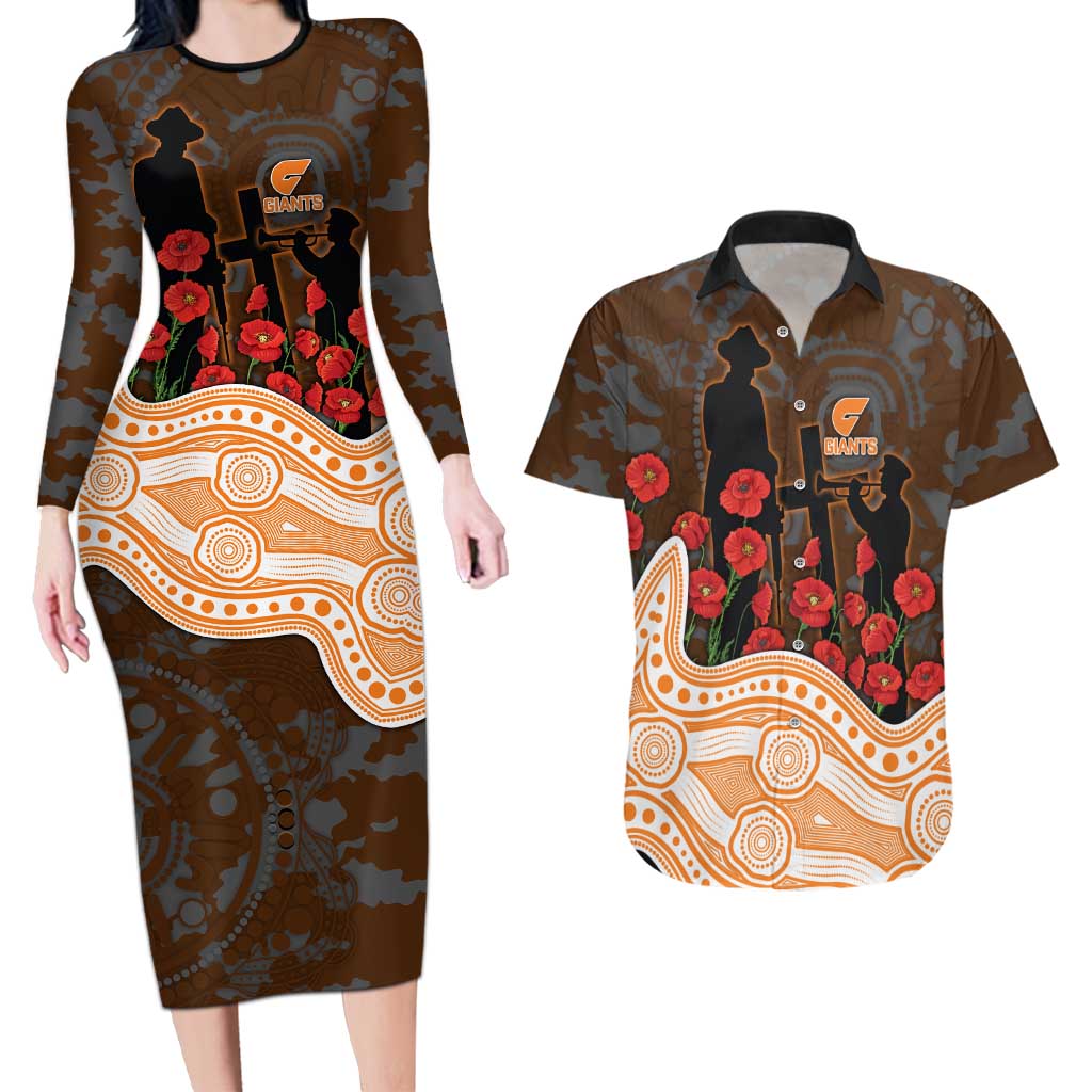 GWS Giants ANZAC Day Couples Matching Long Sleeve Bodycon Dress and Hawaiian Shirt Indigenous Dot Art with Poppy Flower Tribute