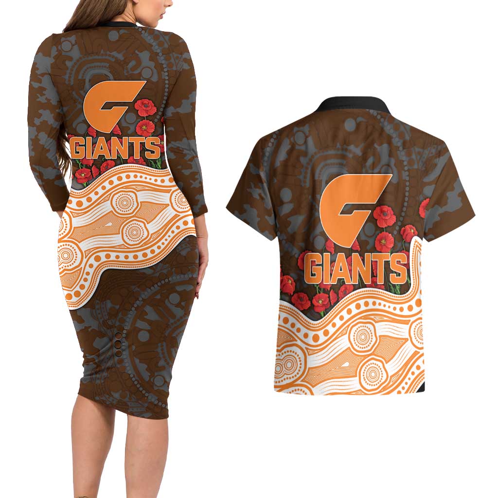 GWS Giants ANZAC Day Couples Matching Long Sleeve Bodycon Dress and Hawaiian Shirt Indigenous Dot Art with Poppy Flower Tribute