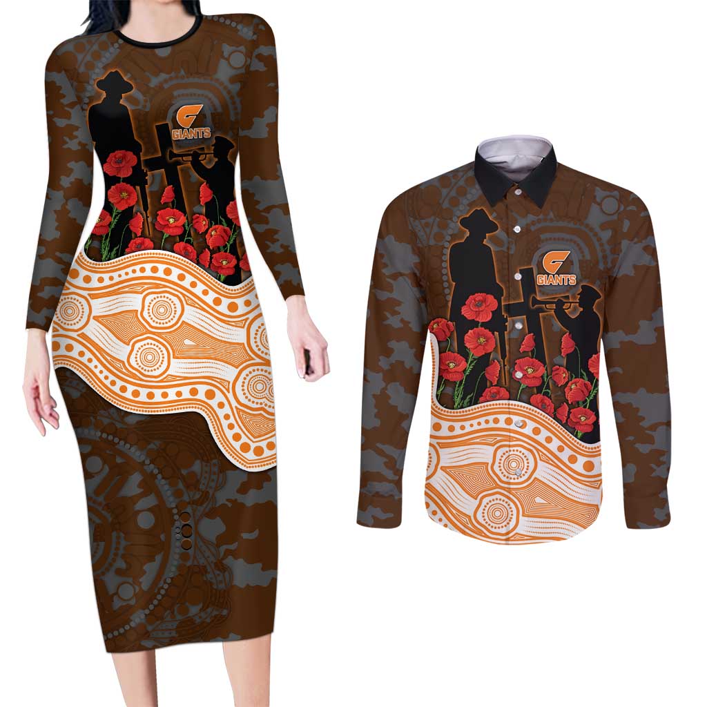 GWS Giants ANZAC Day Couples Matching Long Sleeve Bodycon Dress and Long Sleeve Button Shirt Indigenous Dot Art with Poppy Flower Tribute