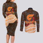 GWS Giants ANZAC Day Couples Matching Long Sleeve Bodycon Dress and Long Sleeve Button Shirt Indigenous Dot Art with Poppy Flower Tribute