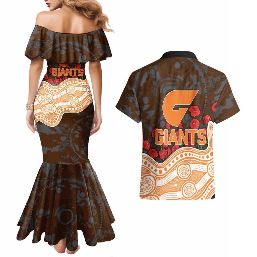 GWS Giants ANZAC Day Couples Matching Mermaid Dress and Hawaiian Shirt Indigenous Dot Art with Poppy Flower Tribute