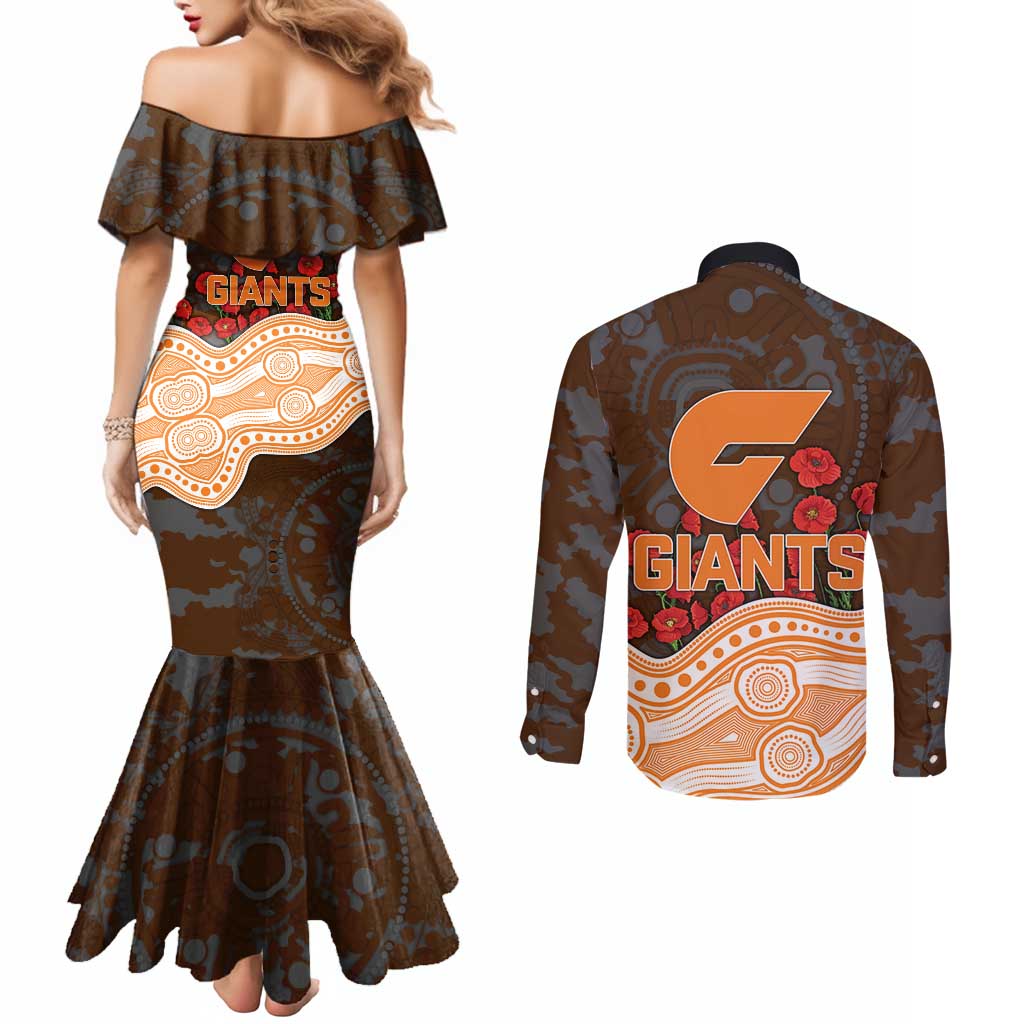 GWS Giants ANZAC Day Couples Matching Mermaid Dress and Long Sleeve Button Shirt Indigenous Dot Art with Poppy Flower Tribute