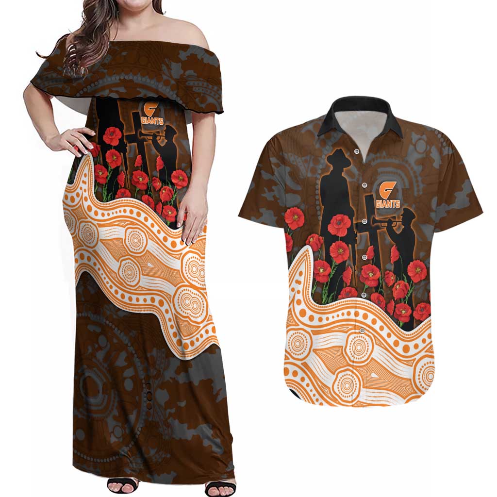 GWS Giants ANZAC Day Couples Matching Off Shoulder Maxi Dress and Hawaiian Shirt Indigenous Dot Art with Poppy Flower Tribute