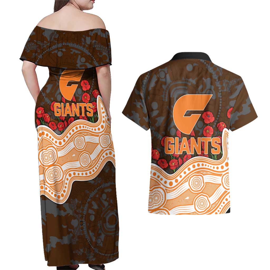 GWS Giants ANZAC Day Couples Matching Off Shoulder Maxi Dress and Hawaiian Shirt Indigenous Dot Art with Poppy Flower Tribute