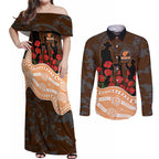 GWS Giants ANZAC Day Couples Matching Off Shoulder Maxi Dress and Long Sleeve Button Shirt Indigenous Dot Art with Poppy Flower Tribute