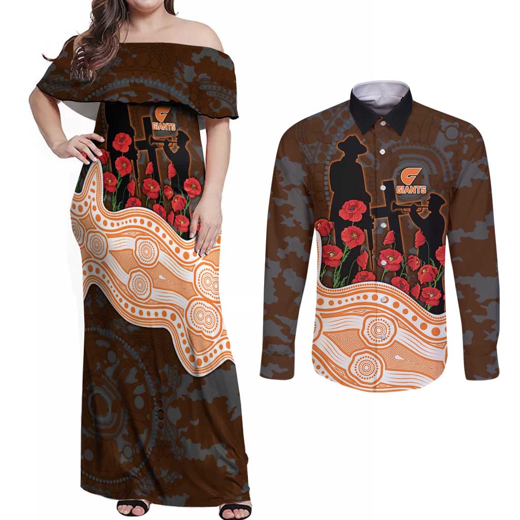 GWS Giants ANZAC Day Couples Matching Off Shoulder Maxi Dress and Long Sleeve Button Shirt Indigenous Dot Art with Poppy Flower Tribute