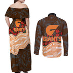 GWS Giants ANZAC Day Couples Matching Off Shoulder Maxi Dress and Long Sleeve Button Shirt Indigenous Dot Art with Poppy Flower Tribute