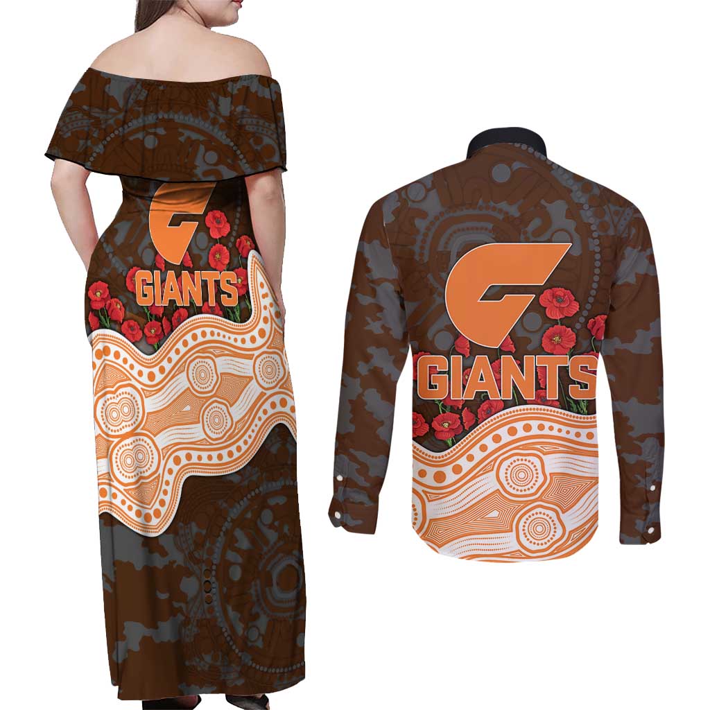 GWS Giants ANZAC Day Couples Matching Off Shoulder Maxi Dress and Long Sleeve Button Shirt Indigenous Dot Art with Poppy Flower Tribute
