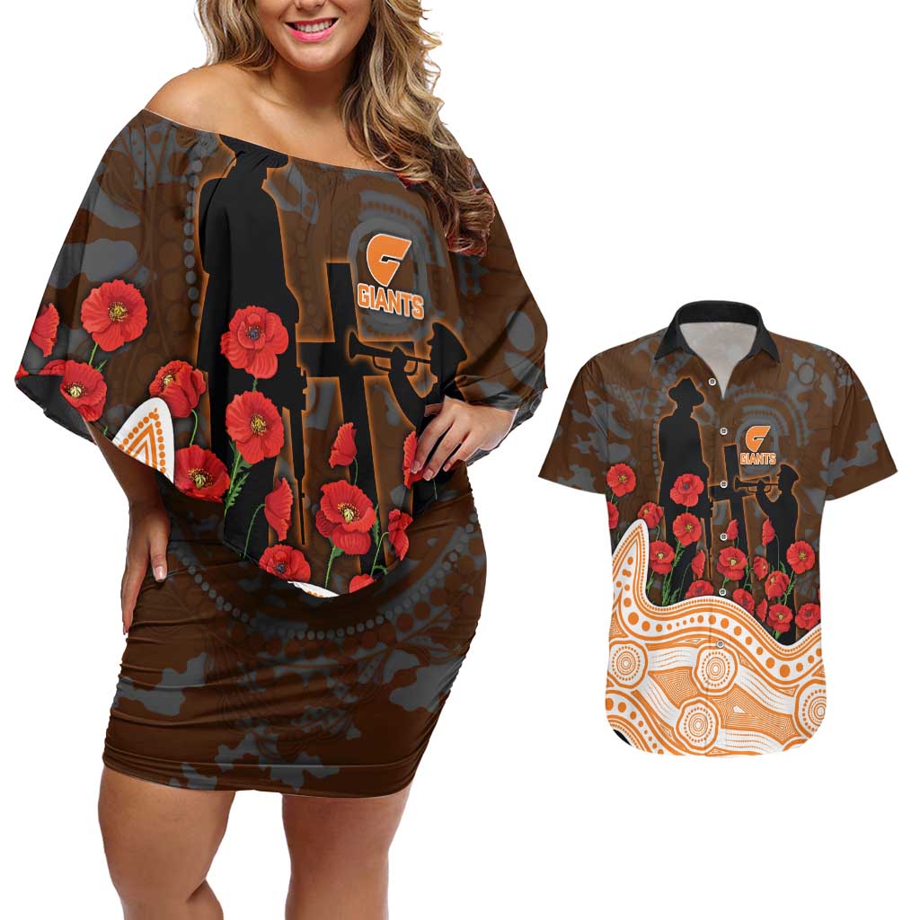 GWS Giants ANZAC Day Couples Matching Off Shoulder Short Dress and Hawaiian Shirt Indigenous Dot Art with Poppy Flower Tribute