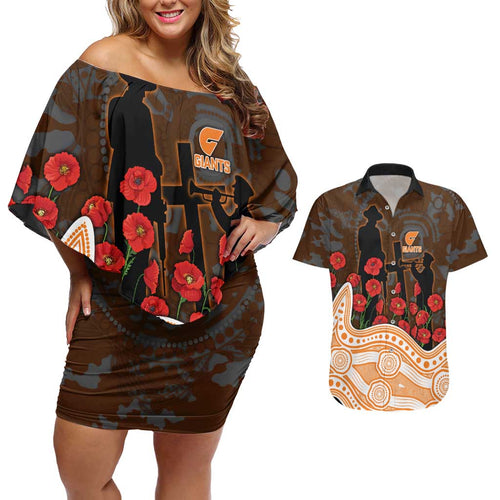 GWS Giants ANZAC Day Couples Matching Off Shoulder Short Dress and Hawaiian Shirt Indigenous Dot Art with Poppy Flower Tribute
