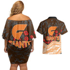 GWS Giants ANZAC Day Couples Matching Off Shoulder Short Dress and Hawaiian Shirt Indigenous Dot Art with Poppy Flower Tribute