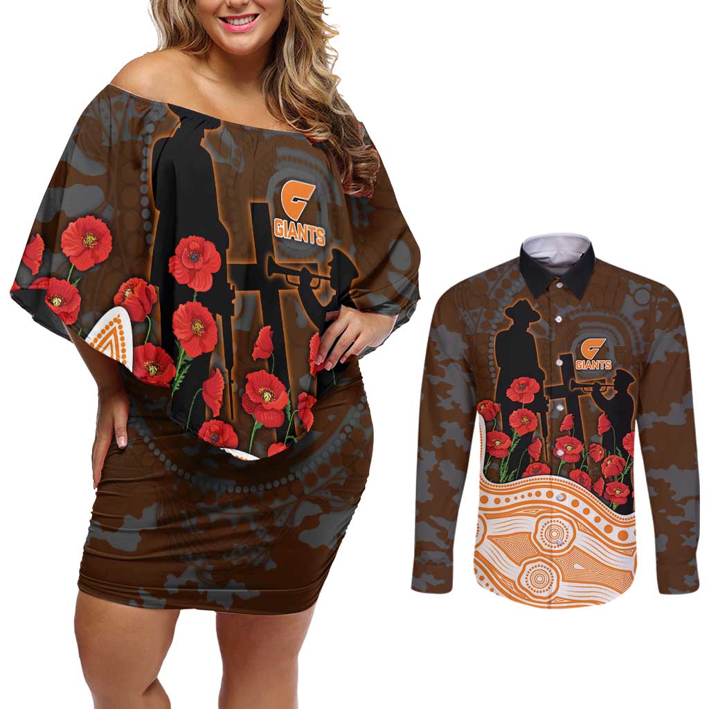 GWS Giants ANZAC Day Couples Matching Off Shoulder Short Dress and Long Sleeve Button Shirt Indigenous Dot Art with Poppy Flower Tribute