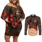 GWS Giants ANZAC Day Couples Matching Off Shoulder Short Dress and Long Sleeve Button Shirt Indigenous Dot Art with Poppy Flower Tribute