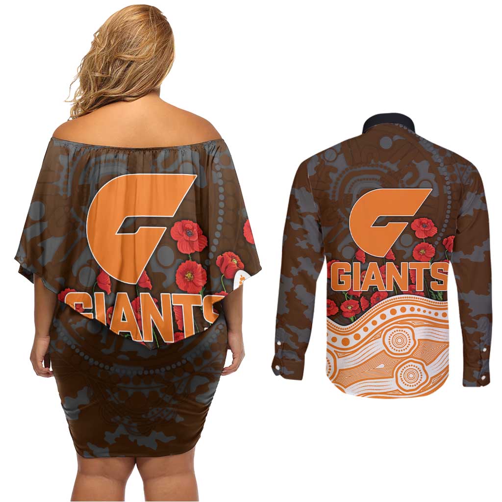 GWS Giants ANZAC Day Couples Matching Off Shoulder Short Dress and Long Sleeve Button Shirt Indigenous Dot Art with Poppy Flower Tribute