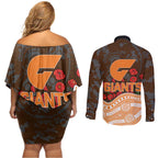 GWS Giants ANZAC Day Couples Matching Off Shoulder Short Dress and Long Sleeve Button Shirt Indigenous Dot Art with Poppy Flower Tribute