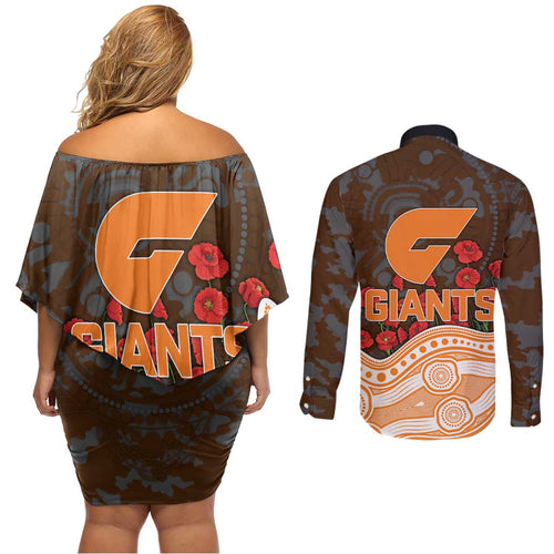 GWS Giants ANZAC Day Couples Matching Off Shoulder Short Dress and Long Sleeve Button Shirt Indigenous Dot Art with Poppy Flower Tribute