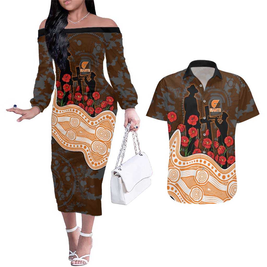 GWS Giants ANZAC Day Couples Matching Off The Shoulder Long Sleeve Dress and Hawaiian Shirt Indigenous Dot Art with Poppy Flower Tribute