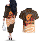 GWS Giants ANZAC Day Couples Matching Off The Shoulder Long Sleeve Dress and Hawaiian Shirt Indigenous Dot Art with Poppy Flower Tribute