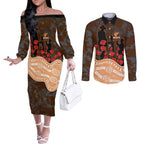 GWS Giants ANZAC Day Couples Matching Off The Shoulder Long Sleeve Dress and Long Sleeve Button Shirt Indigenous Dot Art with Poppy Flower Tribute