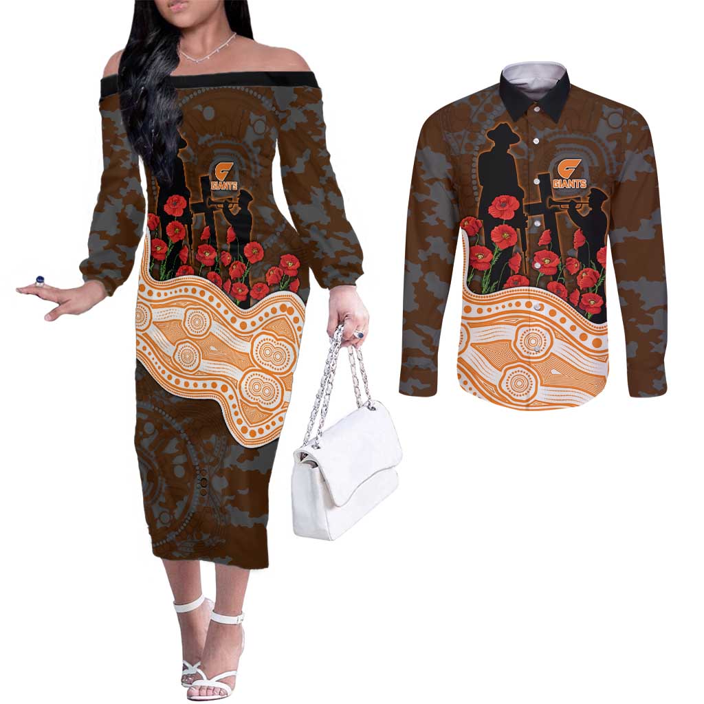 GWS Giants ANZAC Day Couples Matching Off The Shoulder Long Sleeve Dress and Long Sleeve Button Shirt Indigenous Dot Art with Poppy Flower Tribute