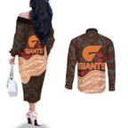 GWS Giants ANZAC Day Couples Matching Off The Shoulder Long Sleeve Dress and Long Sleeve Button Shirt Indigenous Dot Art with Poppy Flower Tribute