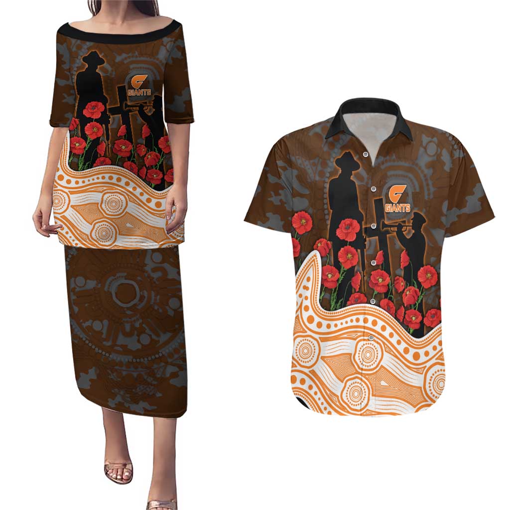 GWS Giants ANZAC Day Couples Matching Puletasi and Hawaiian Shirt Indigenous Dot Art with Poppy Flower Tribute