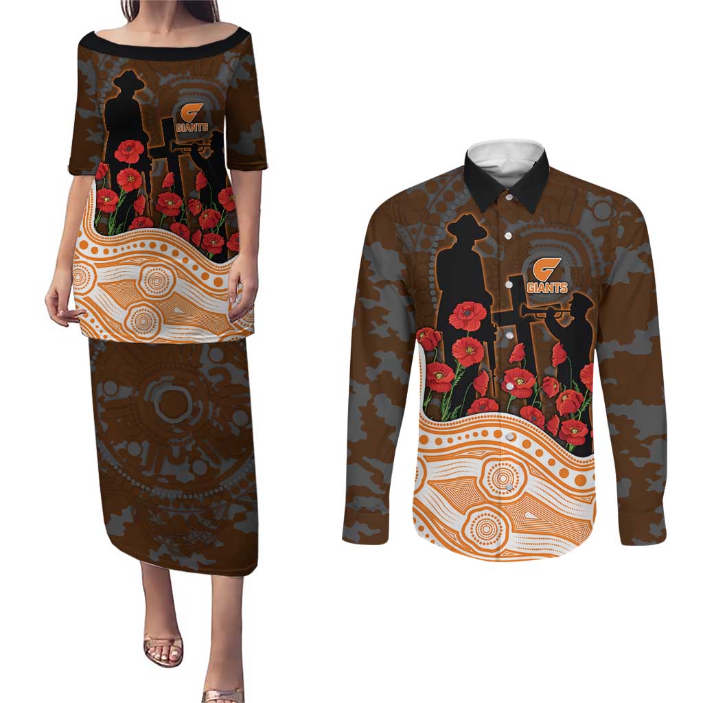 GWS Giants ANZAC Day Couples Matching Puletasi and Long Sleeve Button Shirt Indigenous Dot Art with Poppy Flower Tribute