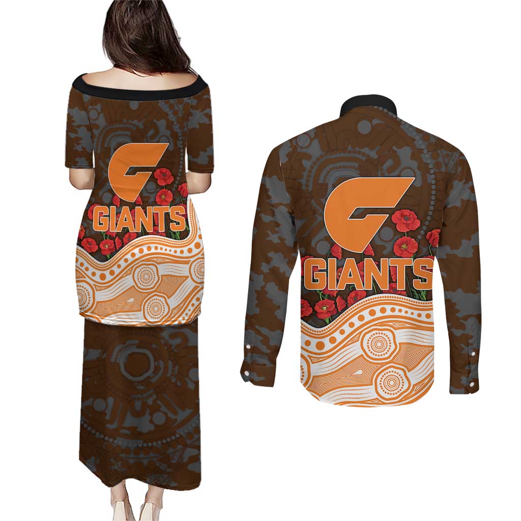GWS Giants ANZAC Day Couples Matching Puletasi and Long Sleeve Button Shirt Indigenous Dot Art with Poppy Flower Tribute