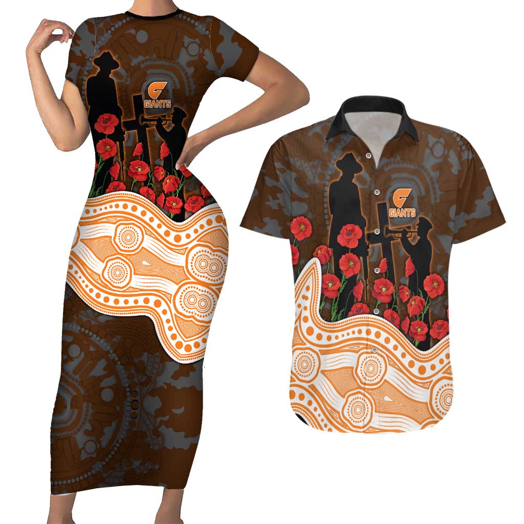 GWS Giants ANZAC Day Couples Matching Short Sleeve Bodycon Dress and Hawaiian Shirt Indigenous Dot Art with Poppy Flower Tribute