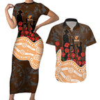 GWS Giants ANZAC Day Couples Matching Short Sleeve Bodycon Dress and Hawaiian Shirt Indigenous Dot Art with Poppy Flower Tribute