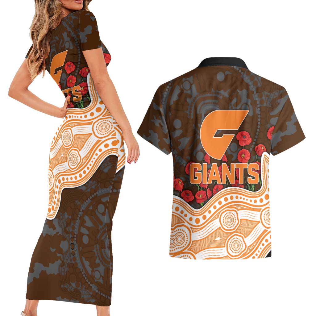 GWS Giants ANZAC Day Couples Matching Short Sleeve Bodycon Dress and Hawaiian Shirt Indigenous Dot Art with Poppy Flower Tribute