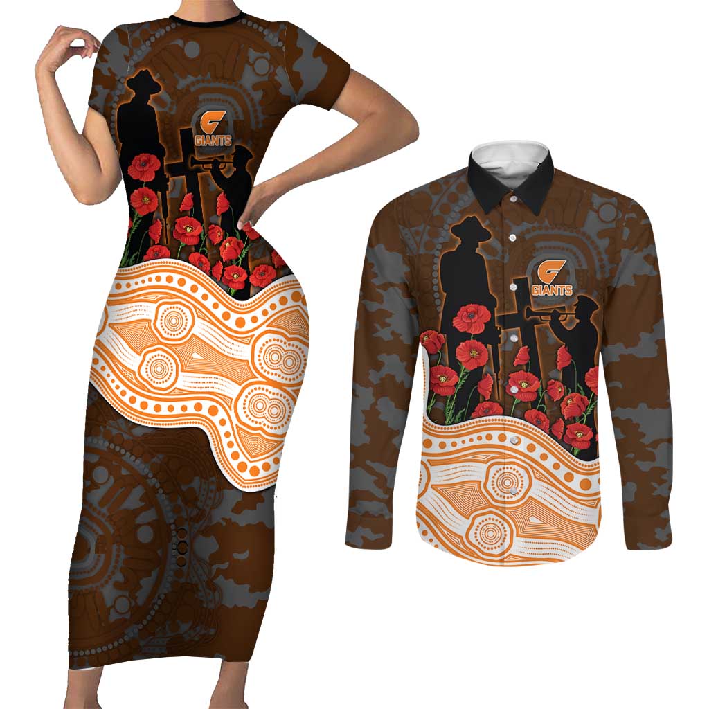 GWS Giants ANZAC Day Couples Matching Short Sleeve Bodycon Dress and Long Sleeve Button Shirt Indigenous Dot Art with Poppy Flower Tribute