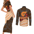 GWS Giants ANZAC Day Couples Matching Short Sleeve Bodycon Dress and Long Sleeve Button Shirt Indigenous Dot Art with Poppy Flower Tribute